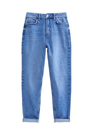 Lichtblauwe denim jeans met een rechte pijpdesign, met een hoge taille, opgerolde manchetten en voor- en achterzakken. Klassieke stikdetails.