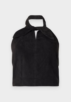 Black suede tote bag with wide strap tied in a knot at the top, featuring a soft, slouchy structure and smooth finish.