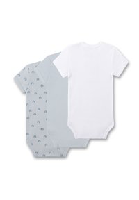 Drei Babybodys: einer in Weiß, einer in Hellblau mit Regenbogenmustern und einer in einfarbigem Hellblau. Alle haben kurze Ärmel und Druckknöpfe.