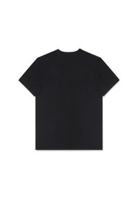 Czarny bawełniany T-shirt z krótkimi rękawami, z żebrowanym okrągłym dekoltem i gładką strukturą, z jednorodnym tyłem bez grafik czy wzorów.