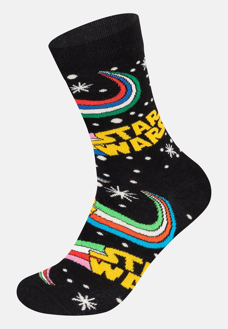 Schwarze Socken mit einem bunten "Star Wars"-Design, das Regenbogenstreifen und Schneeflockenmuster zeigt, aus einem weichen, gewebten Material gefertigt.
