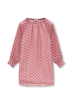 Robe à manches longues rose et blanche avec un petit motif floral, encolure élastique et poignets smockés, posée à plat sur un fond blanc.