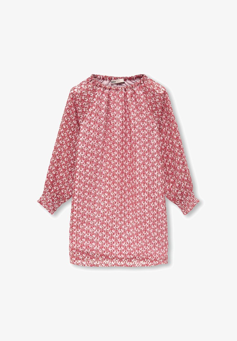 Robe à manches longues rose et blanche avec un petit motif floral, encolure élastique et poignets smockés, posée à plat sur un fond blanc.
