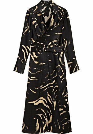 Black dress featuring a wrap design with a collar, long sleeves, and a belted waist. Decorated with a beige abstract animal print. Smooth texture.