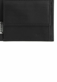 Black leather wallet with stitched edges, card slots, smooth texture, and a visible RFID blocking feature. Compact rectangular design.