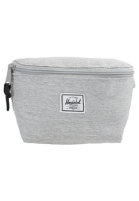 Grå tyg necessär med rektangulär form, dragkedjestängning och en svart logotyp på framsidan. Texturerat, hållbart material.