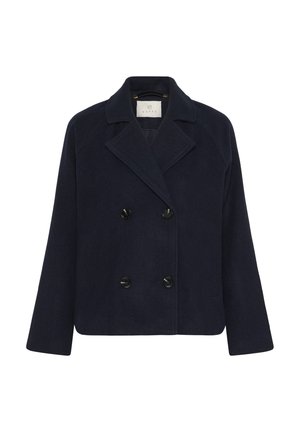 Marinblå dubbelknäppt kappa med stora svarta knappar, slagkrage och raglanärmar. Tillverkad av ett ull-liknande tyg med en mjuk textur.