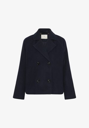 Manteau bleu marine croisé avec de grands boutons noirs, col cranté et manches raglan. Fabriqué en tissu ressemblant à de la laine avec une texture douce.