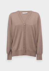 Light brown cardigan, V-neck design, long sleeves with ribbed cuffs, button front closure, smooth texture, and subtle knit pattern.