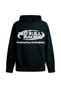 Svart hoodie med "RED BULL RACING" och "Breaking Records Worldwide" i vit text, med snörning vid huvan och ribbad mudd.