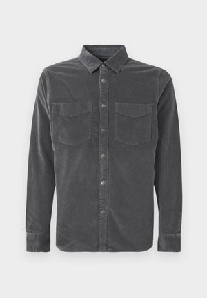Dark gray corduroy long-sleeve shirt with a collar, snap buttons down the front, and two chest pockets with flaps.