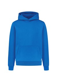 Sweat à capuche bleu avec poche kangourou, poignets et ourlet côtelés. Fabriqué en tissu doux avec une texture lisse.