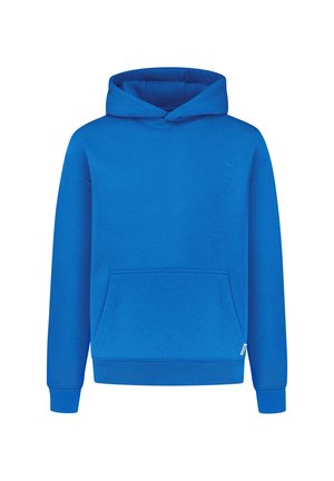 Blå hættetrøje med kengurulomme, ribbede manchetter og kant. Lavet af blødt stof med en glat overflade.