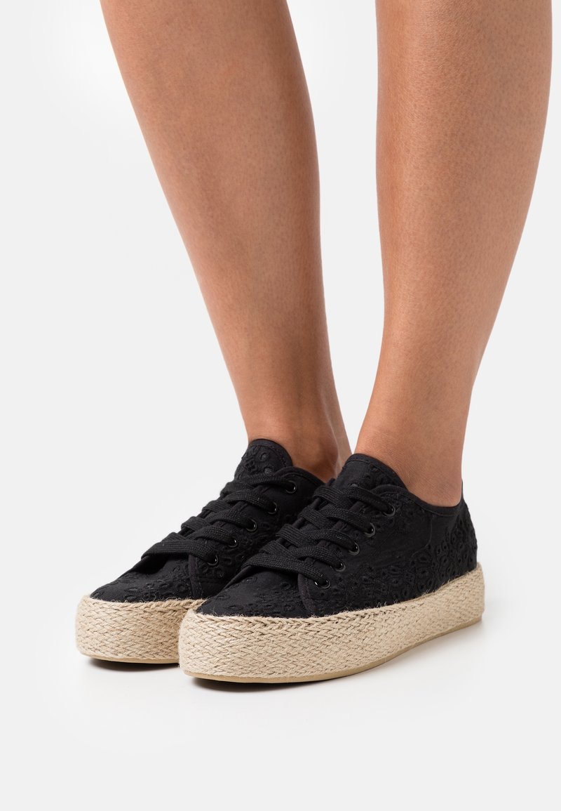 Baskets noires à lacets avec semelles compensées beiges tissées, portées sur des jambes nues sur un fond blanc.
