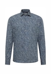 Langsleeve shirt in blauwe paisleypatroon, met een spread collar, knoopsluiting aan de voorkant en een zachte textuur. De knopen geven een contrasterend detail.