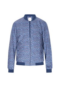 Giacca bomber floreale con sfondo blu, caratterizzata da piccoli motivi multicolori, polsi a coste e chiusura con zip. Tessuto leggero.