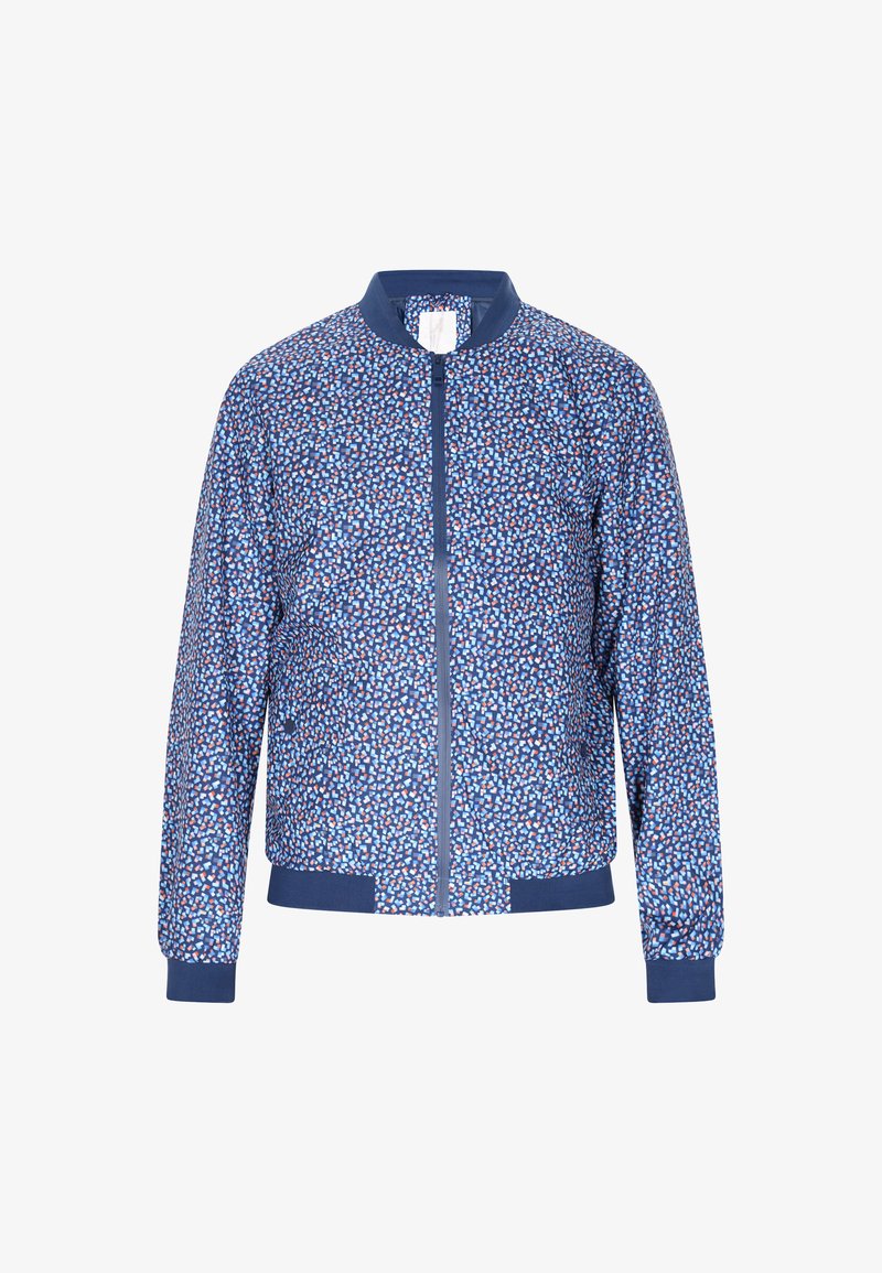 Bloemen bomberjack met een blauwe achtergrond, met kleine, veelkleurige patronen, geribde manchetten en ritsluiting. Lichtgewicht stof.