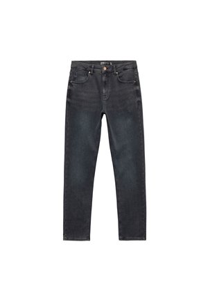 Dunkelgraue Jeans aus Denim mit geradem Bein, kontrastierenden orangen Nähten, fünf Taschen und einem klassischen Knopfverschluss am Bund.