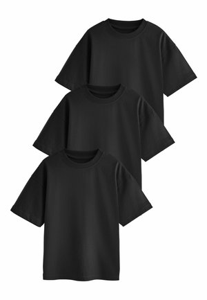 Drei schwarze Baumwoll-T-Shirts gestapelt, mit kurzen Ärmeln, rundem Ausschnitt und einem schlichten, unverzierten Design.