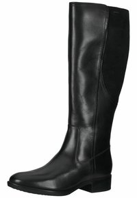 Svarta läderknästövlar med slät yta, mockapaneler, klack i blockform och rund tå. Ingen synlig metall eller mönster.