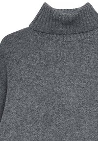 Gray turtleneck sweater made of ribbed knit fabric, featuring a high collar and textured surface for warmth and comfort.