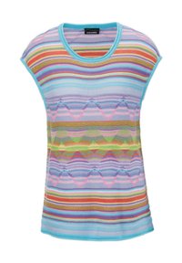 Mehrfarbiger Strickoberteil mit kurzen Ärmeln, der horizontal gestreifte Muster in verschiedenen Farbtönen und Zickzackmuster aufweist, gesäumt mit einem hellblauen Rand.