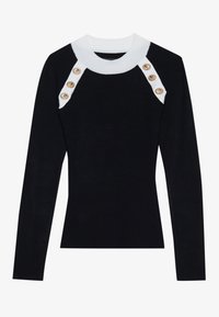 Chemise noire à manches longues côtelées avec un col rond blanc, ornée de boutons dorés sur les épaules. Tissu texturé avec un design ajusté.