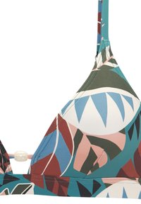 Dreieckiger Bikini-Oberteil mit verstellbaren Trägern, mit abstrakten geometrischen Formen in Blau, Grün, Braun, Pink und Weiß.