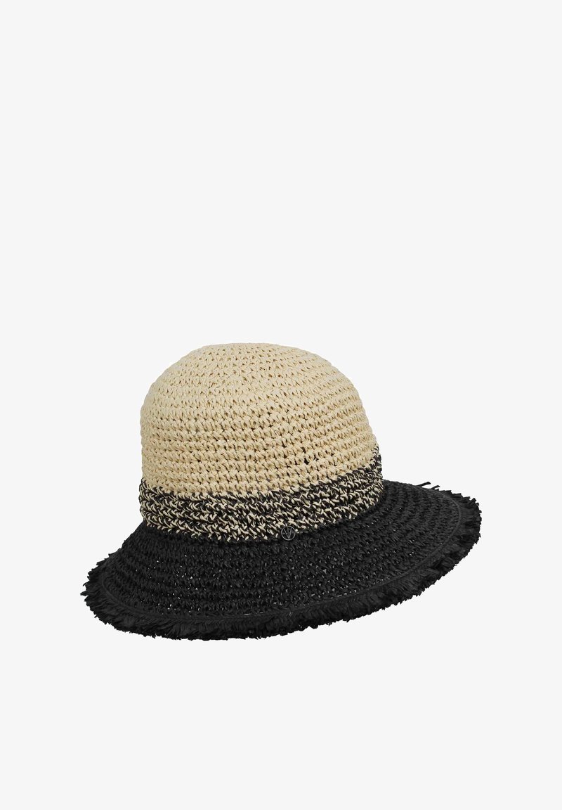 Słomiana kapelusz letni z okrągłą koroną w naprzemiennie beżowe i czarne paski, rozszerzającym się czarnym rondem oraz teksturowanym wykończeniem.