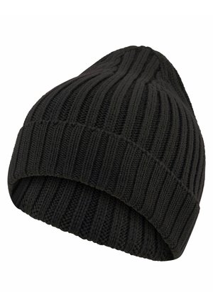Bonnet en tricot côtelé noir avec une texture douce. Il présente un revers replié et un sommet effilé, offrant un ajustement confortable.