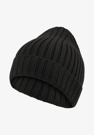 Czarna, ribbedowa czapka beanie z miękką teksturą. Posiada złożoną mankiet i zwężający się czubek, co zapewnia dopasowane noszenie.