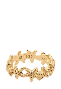 Bague dorée avec un design d'étoile de mer, accents texturés et un anneau intérieur lisse. Marquée "JGJ 925" à l'intérieur.