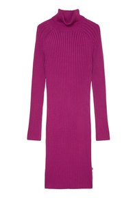 Ribbat turtleneck klänning i klar fuchsia. Långa ärmar, figurnära siluett och en mjuk stickad textur. Sidetikett synlig.