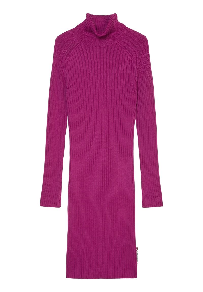 Ribbat turtleneck klänning i klar fuchsia. Långa ärmar, figurnära siluett och en mjuk stickad textur. Sidetikett synlig.