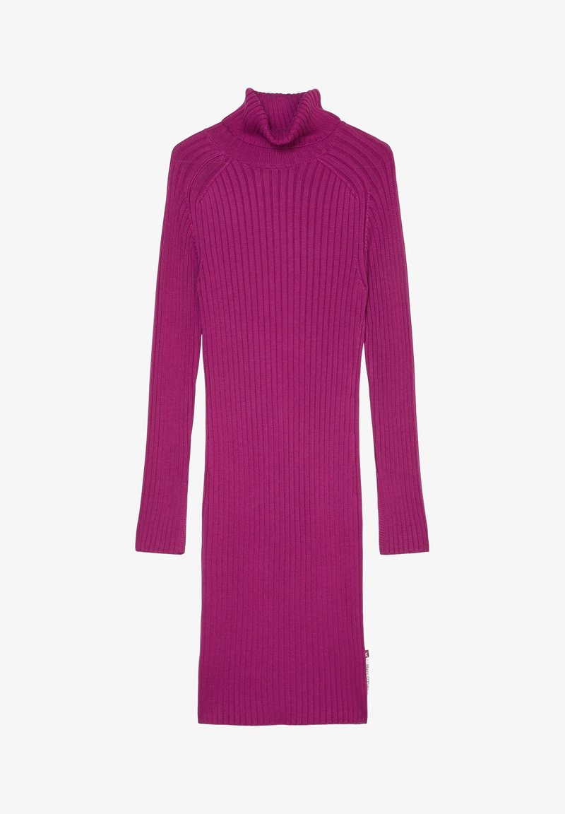 Rippstrick-Turtleneck-Kleid in leuchtendem Fuchsia. Lange Ärmel, figurbetonte Form und eine weiche Stricktextur. Seitenetikett sichtbar.