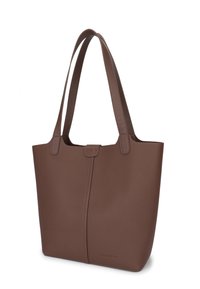 Brown textured leather tote bag with two sturdy handles, featuring a minimalist design and a single button closure at the top.