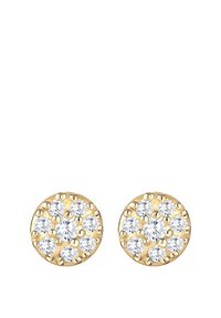 Boucles d'oreilles à clou en ton doré, mettant en vedette des grappes rondes de cristaux transparents, disposées en motif circulaire avec de petites accents métalliques.