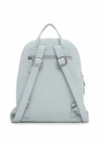 Hele sinine kunstnahast seljakott ümarate servadega, reguleeritavate rihmade, pealmise käepideme ja taga oleva lukuga taskuga. Minimalistlik disain.