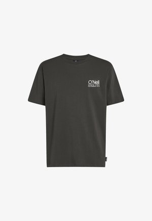 Dunkelgraues Baumwoll-T-Shirt mit kurzen Ärmeln, Rundhalsausschnitt und weißem, auf der linken Brust gedrucktem Logo. Einfaches, legeres Design ohne Verzierungen.