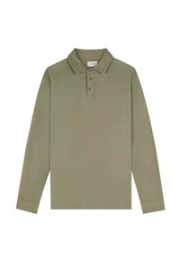 Camisa polo de manga larga en algodón verde oliva con cuello clásico, que cuenta con tres botones y un dobladillo recto. Textura lisa y suave.