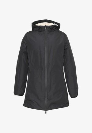 Giacca nera con cappuccio e chiusura a zip, caratterizzata da un esterno liscio e resistente all'acqua e da una fodera interna di colore chiaro a contrasto.