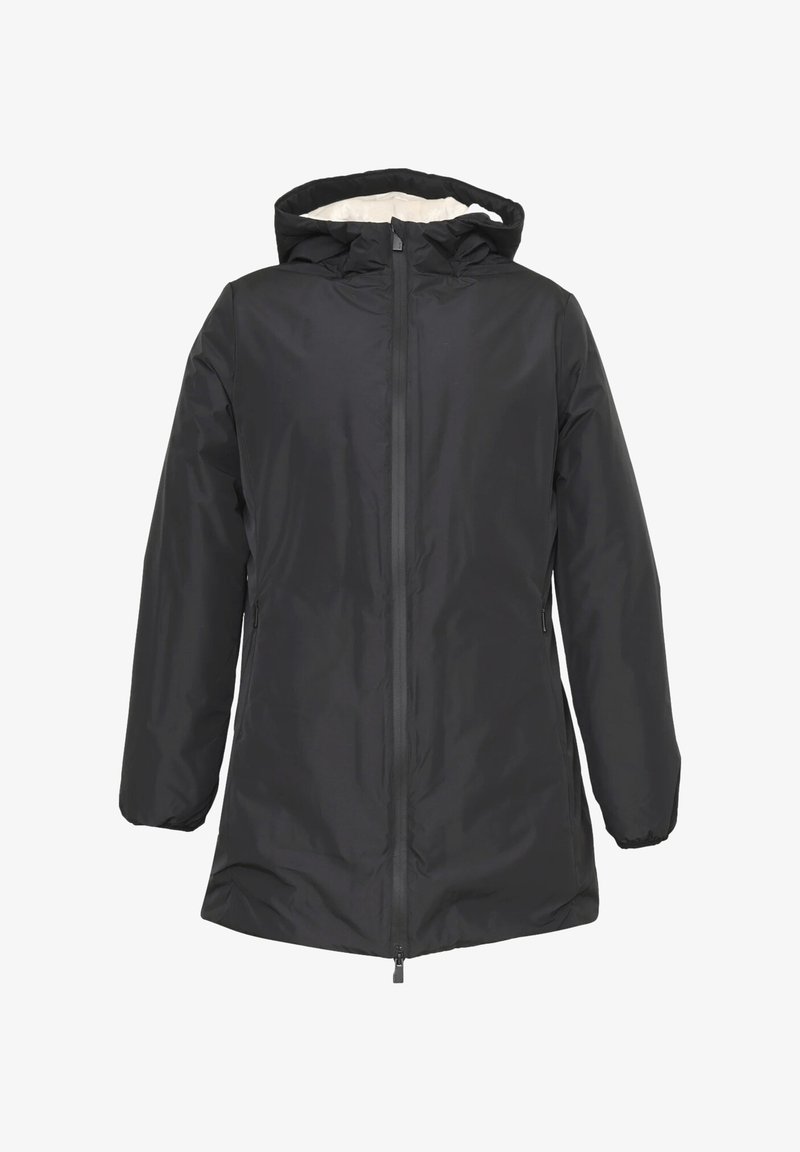 Giacca nera con cappuccio e chiusura a zip, caratterizzata da un esterno liscio e resistente all'acqua e da una fodera interna di colore chiaro a contrasto.