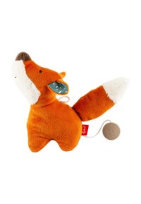 Orange plush fox toy with a soft, smooth texture, white snout, and tail tip. Features patterned ears and a sewn brand tag.