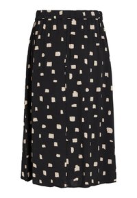 Svart kjol i lätt tyg med ett mönster av oregelbundna beiga fyrkanter; elastisk midja; flödande design med avslappnad passform.