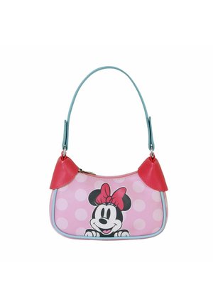 Bolso pequeño rosa con lunares blancos, esquinas rojas, correa azul y Minnie Mouse sonriente con un lazo rojo en el frente.