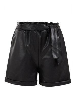 Sorte shorts med høj talje i imiteret læder med elastisk papirpose-taljebånd og matchende bælte bundet i højre side.
