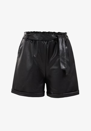 Sorte shorts med høj talje i imiteret læder med elastisk papirpose-taljebånd og matchende bælte bundet i højre side.