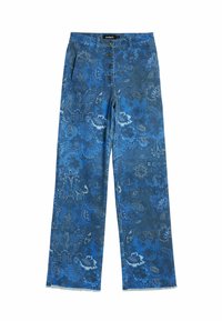 Blaue Jeanshose im weit geschnittenen Stil mit Blumenmuster, hoch geschnitten, fünf Knöpfe und fransigem Saum. Weicher Stoff.