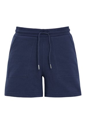 Shorts en coton bleu marine avec une taille à cordon, comportant deux poches avant et une texture douce et brossée.