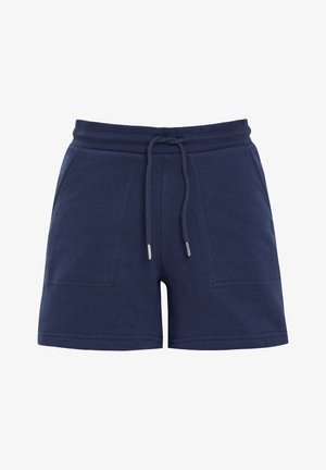 Shorts en coton bleu marine avec une taille à cordon, comportant deux poches avant et une texture douce et brossée.